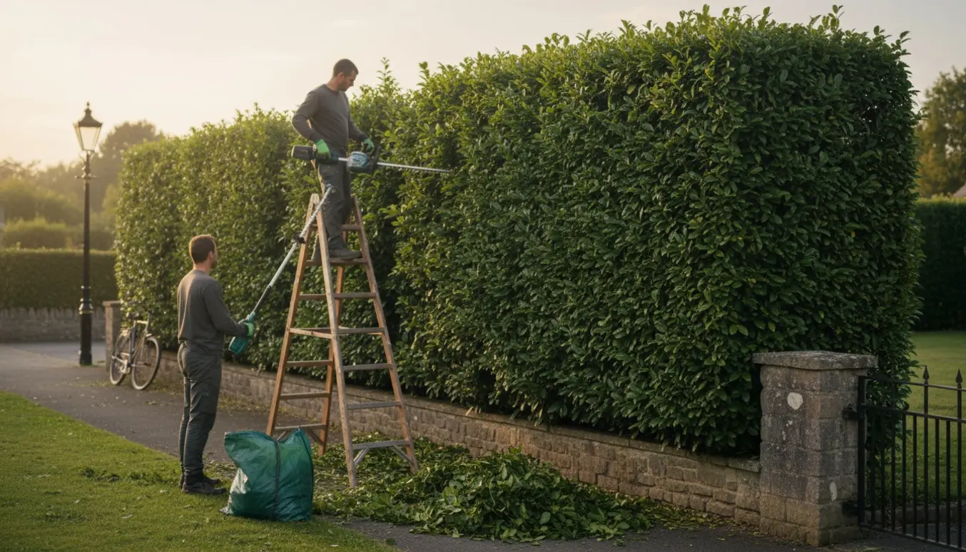 Professionel klipper en høj kirsebærlaurbærhæk fra fortovet med stanghækkeklipper, ansigter ikke tydelige.