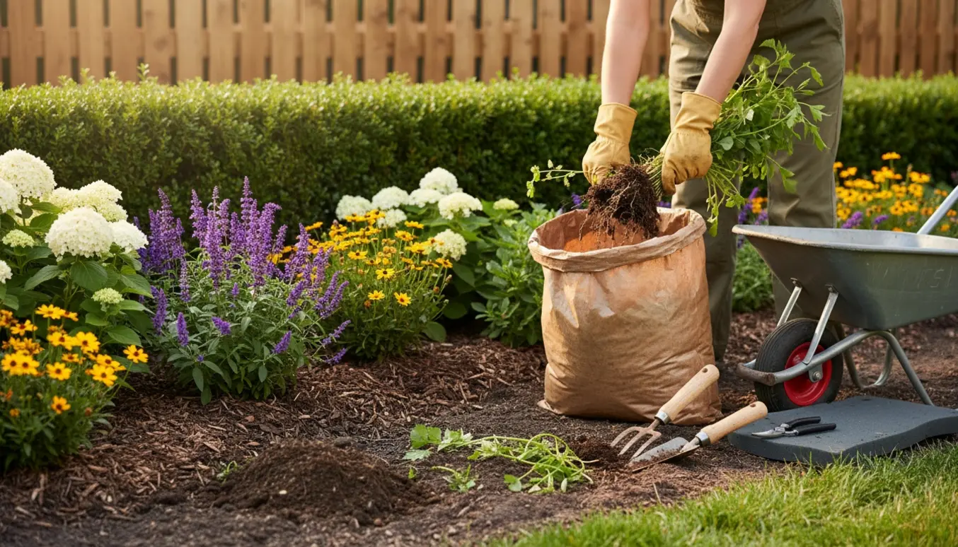 Hænder i handsker luger ukrudt fra et blomsterbed ved en trimmet hæk.