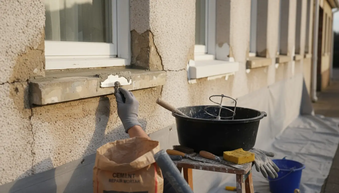 Håndværker reparerer en sålbænk på en pudset husfacade fra en kort stige.