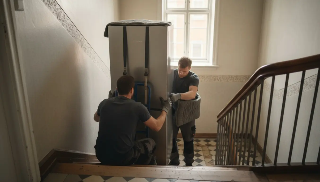 To personer løfter et tungt køleskab op ad en smal trappe i en ældre københavnsk opgang med flytteudstyr.