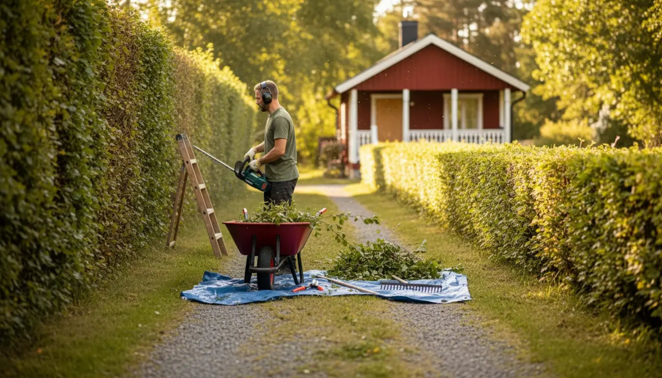 Lang sommerhæk ved et rødt sommerhus, hvor en person uden synligt ansigt klipper hækken lavere og lægger afklippede grene i en trillebør.