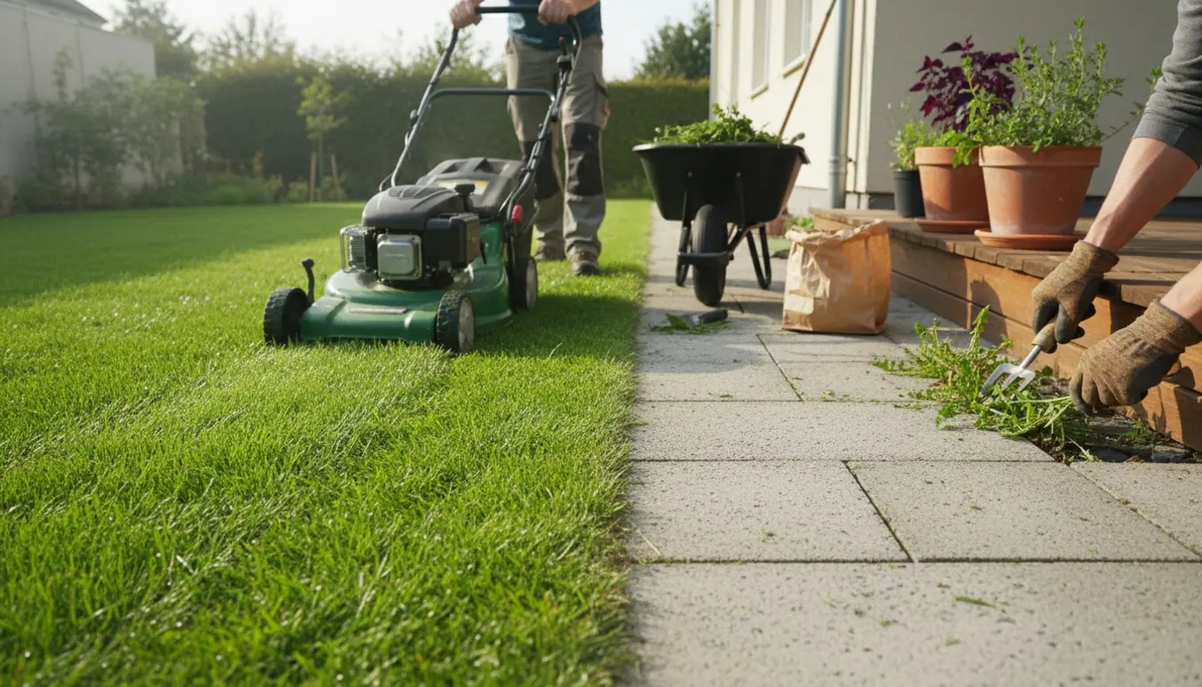 En person klipper græs og fjerner ukrudt foran huset og på terrassen.