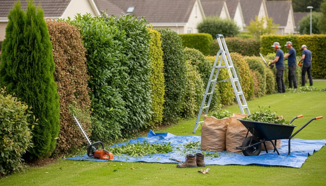 Hæk i forskellige højder bliver klippet med trillebør og sække fulde af afklip klar til bortskaffelse.