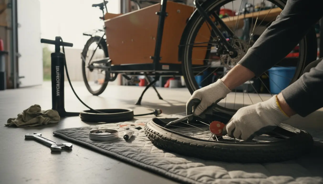 Hænder reparerer en punkteret baghjul på en ladcykel i en solbelyst garage med lappegrej og pumpe.