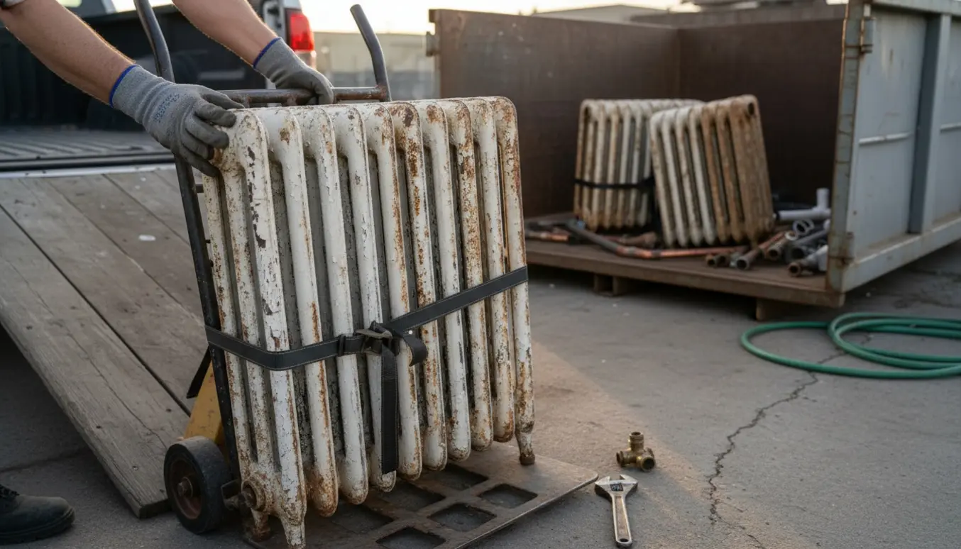Gamle afmonterede radiatorer på en trillebør ved en genbrugscontainer klar til bortskaffelse.