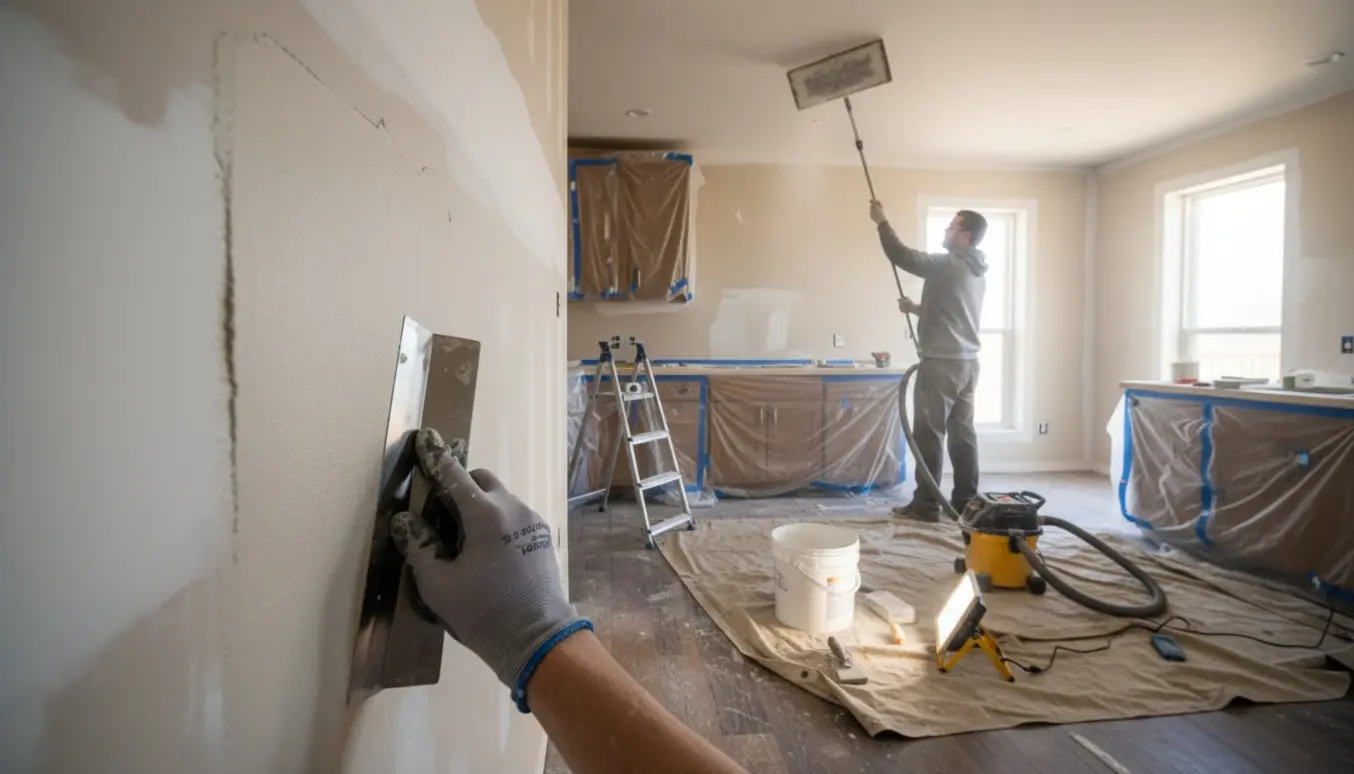 Hænder spartler væg og en person sliber loftsovergangen i et køkken-alrum, klar til maling.