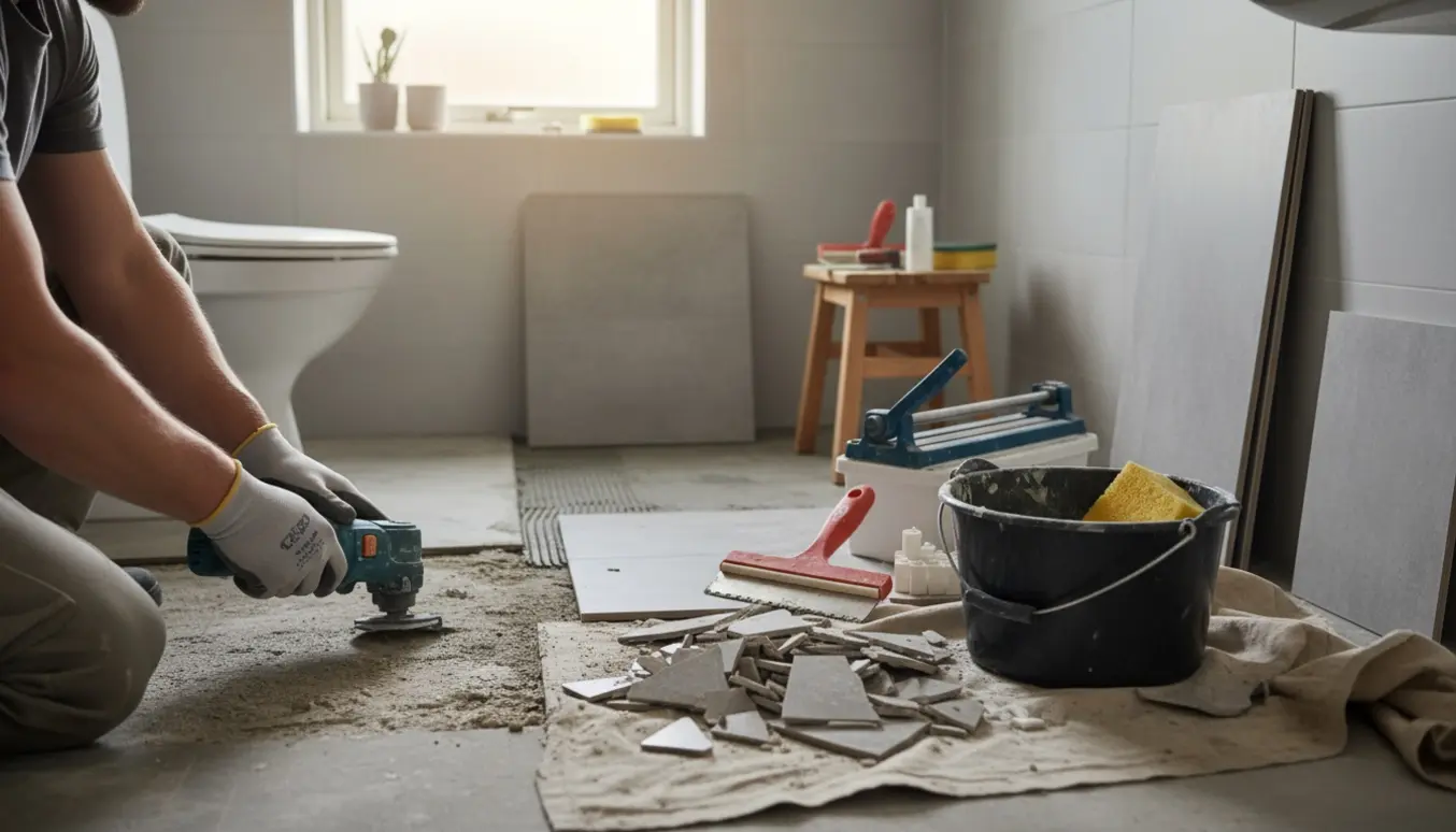 Kompakt badeværelse under renovering med fjernede fliser, nye fliser stablet og en håndværker, der arbejder med fliser.