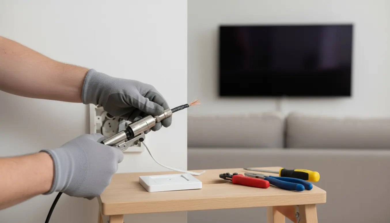 Nærbillede af hænder der monterer en ny F-connector på et antennekabel ved en vægstik med sløret tv i baggrunden.