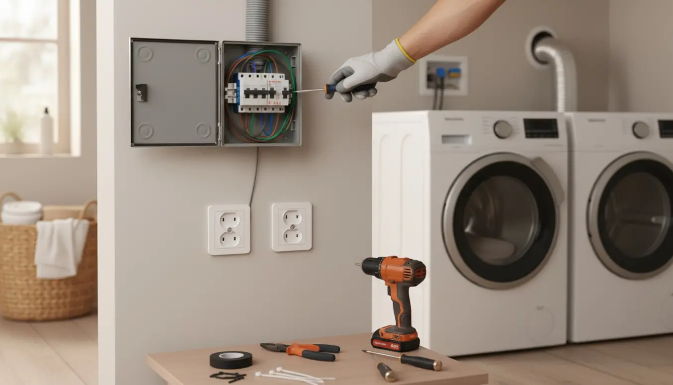 Elektriker installerer nyt relæboks og to stikkontakter ved vaskemaskine og tørretumbler.