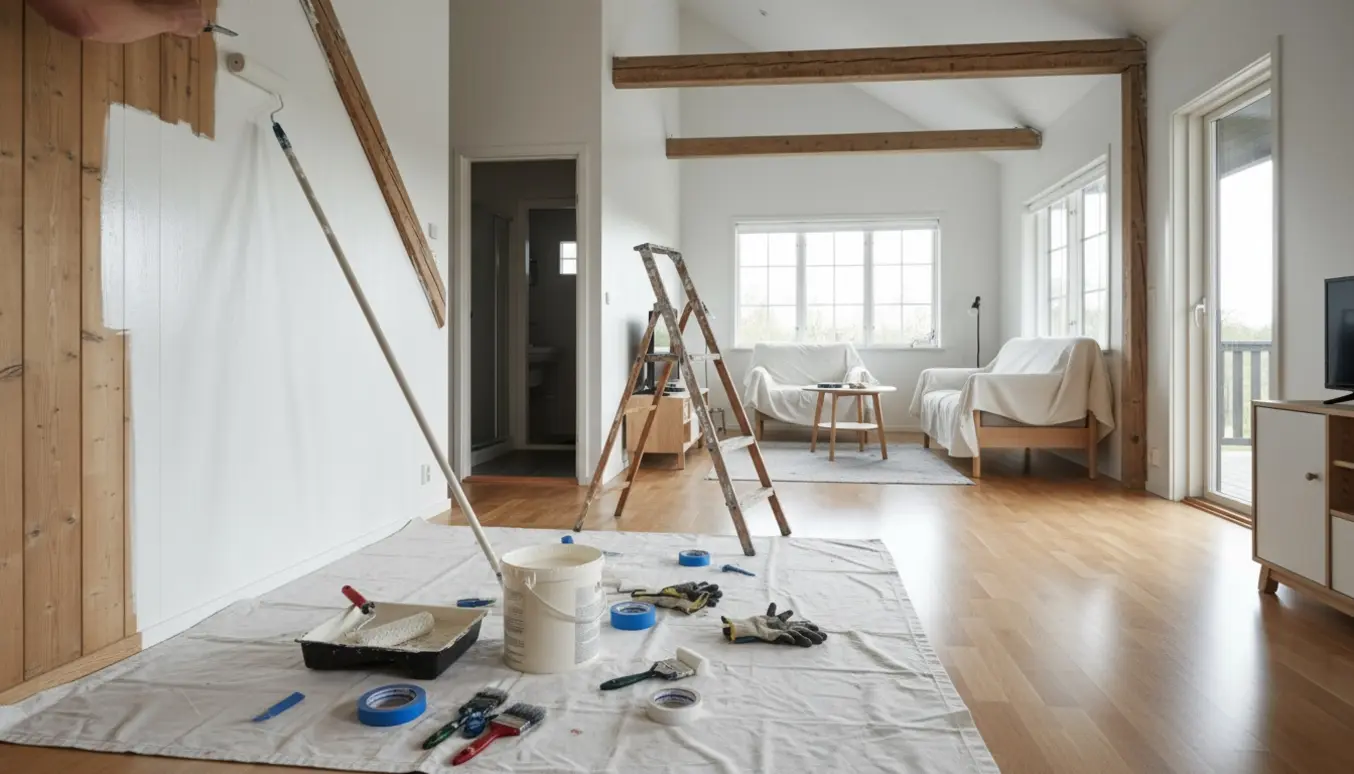 Indvendig maling af et lille sommerhus med åbent kip, rulle og værktøj på presenning.