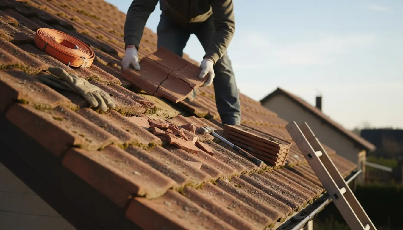 Udskiftning af revnede røde tagsten på et hældende tag med nye tagsten og værktøj klar ved siden af.