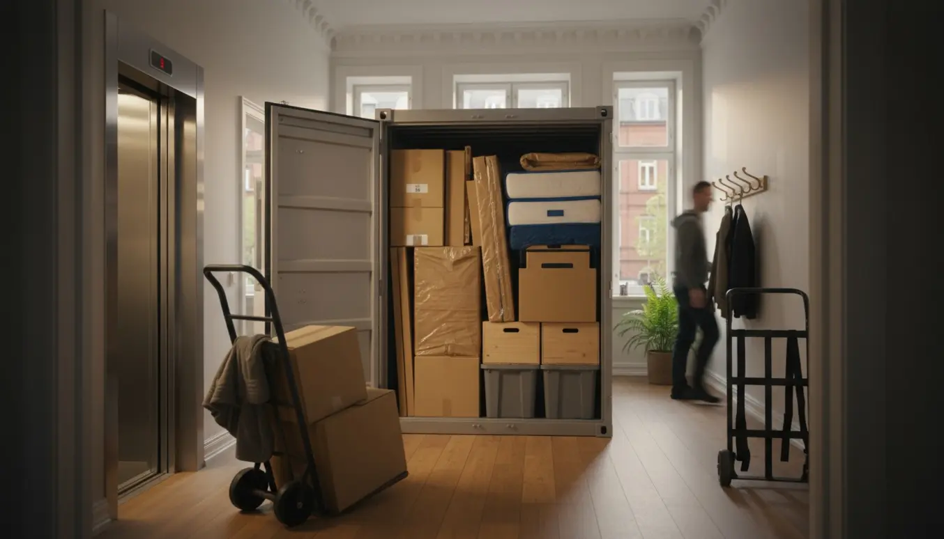 Flyttekasser og sækkevogn foran åben elevator i en opgang på Frederiksberg under flytning fra et lille opbevaringsrum.