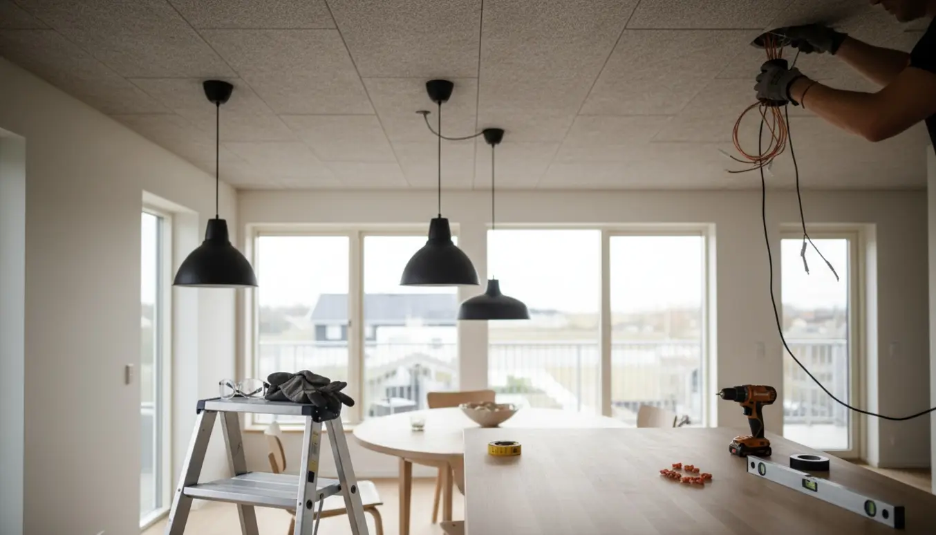 En stige under et Troldtekt-loft mens lamper hænges op over køkkenbord og spisebord, værktøj på bordet og hænder i arbejde.