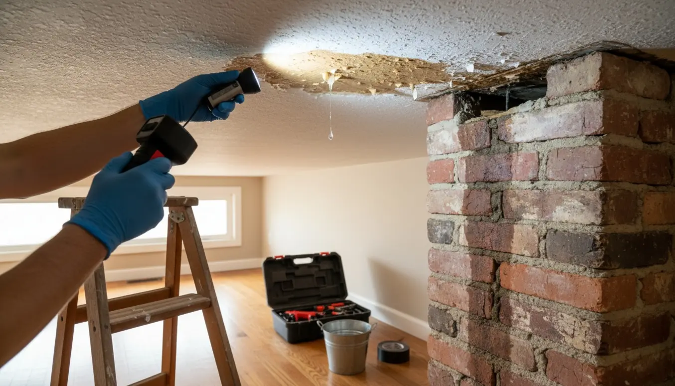 En person inspicerer vandskade ved skorstenen i en stue med stige, lommelygte og en spand til dryp.