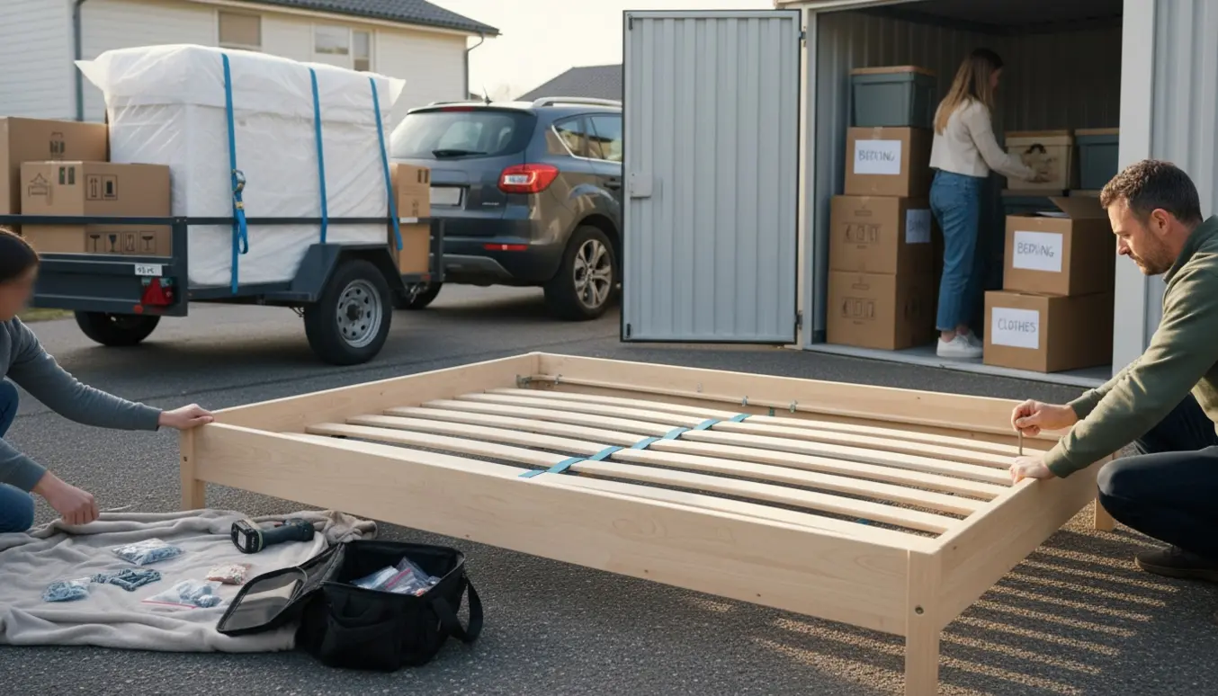 Hjælp med at hente en seng på trailer og samle den ved et opbevaringsrum.