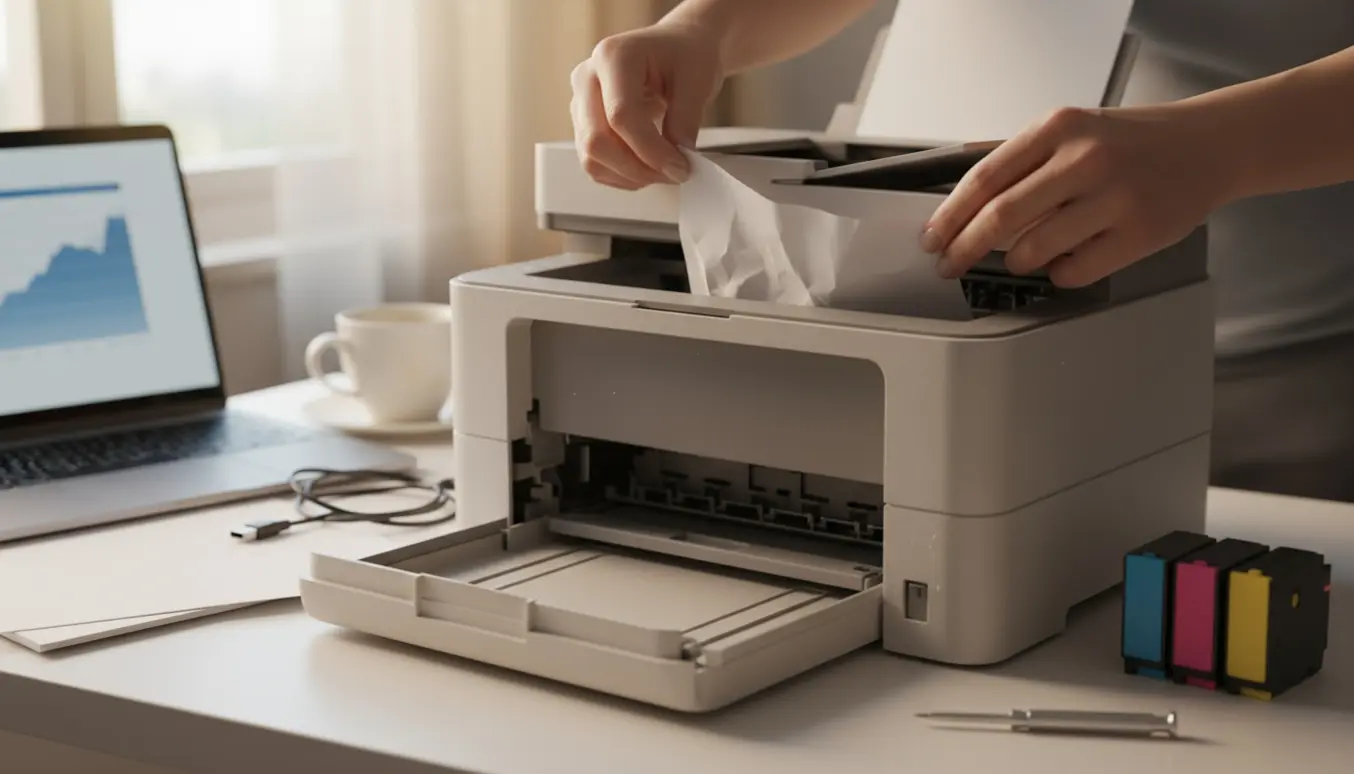 Hænder trækker et papirstykke ud af en åben printer på et skrivebord med en bærbar computer ved siden af.