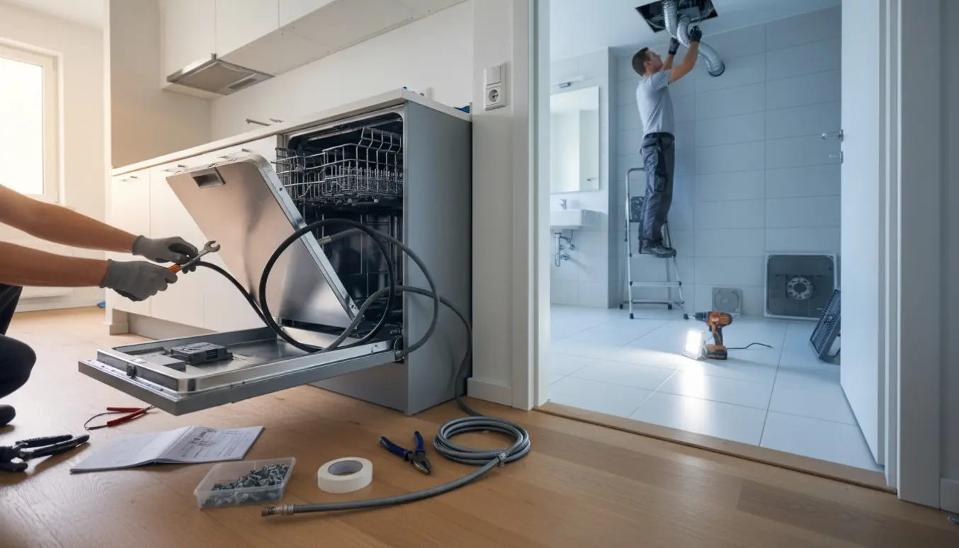 Tekniker tilslutter opvaskemaskine i køkkenet, mens ventilationsventil i badeværelset repareres.