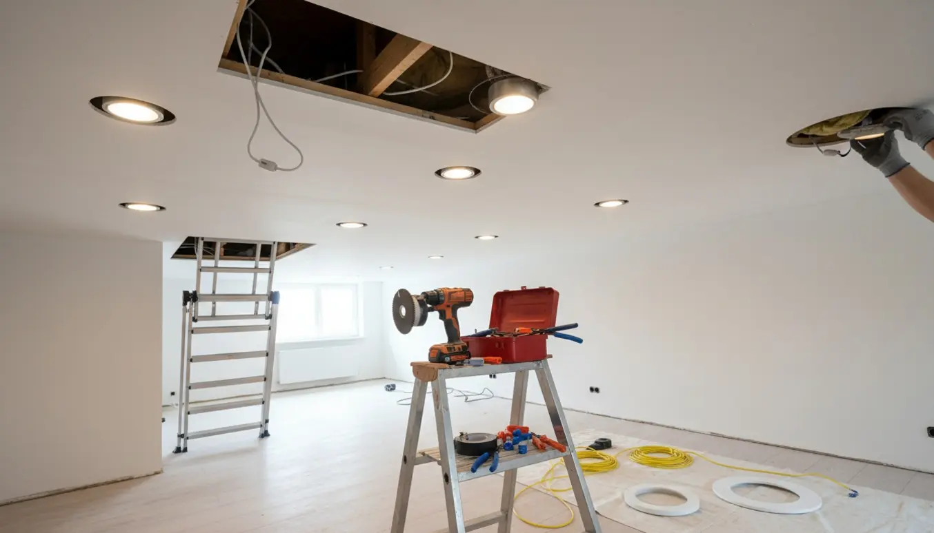 Indbyggede spots bliver installeret i et loft med åben loftlem, stige og værktøj.