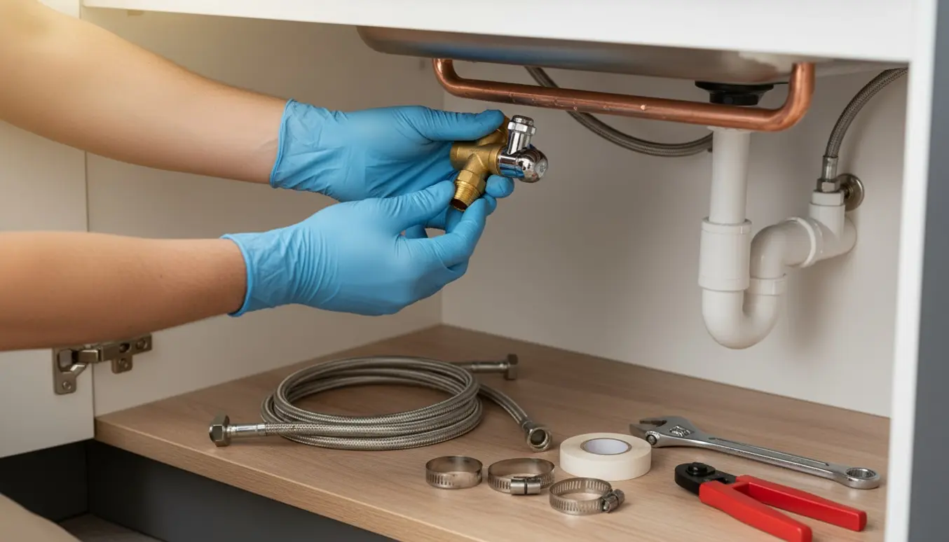 Hænder med handsker holder t-stykke og kuglehane ved vandrør under køkkenvask, med afløbsgren og værktøj i skabet.