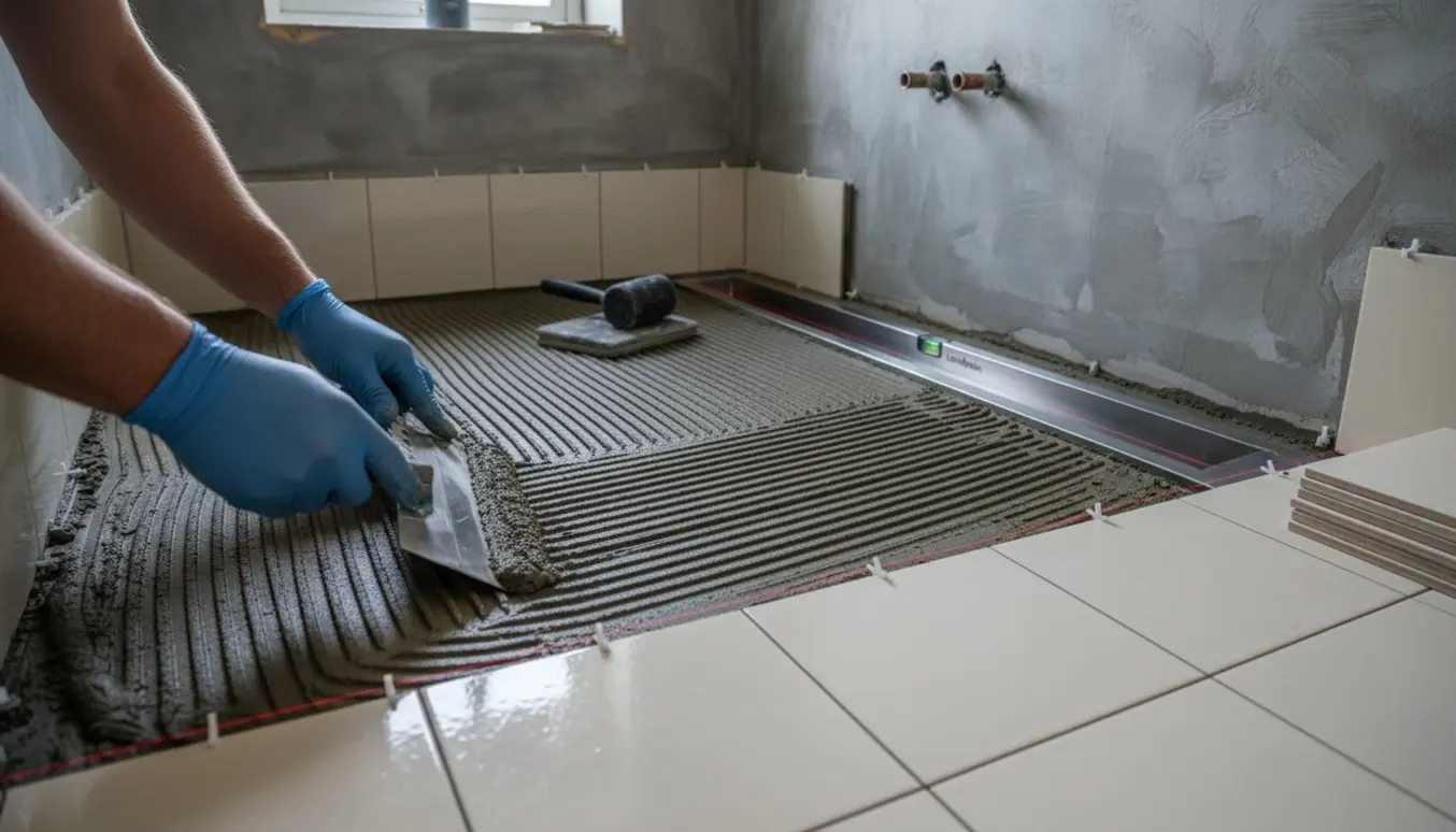 Badeværelse under renovering med vådrumssikring, gulv med fald mod en Unidrain og 15x15 fliser.