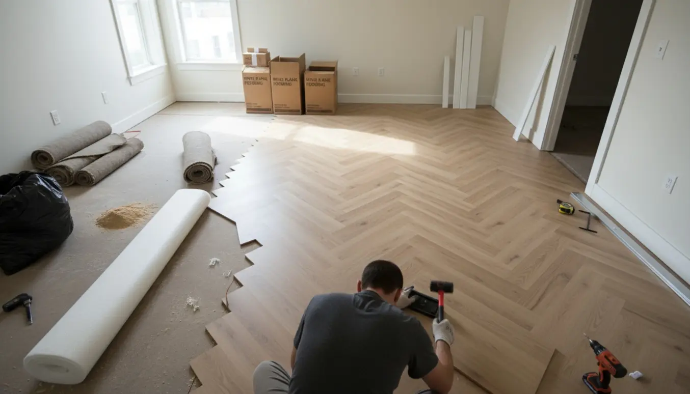 Halvt færdigt sildebensgulv af vinyl i en lys lejlighed med værktøj, underlag og nye fodlister klar til montering.