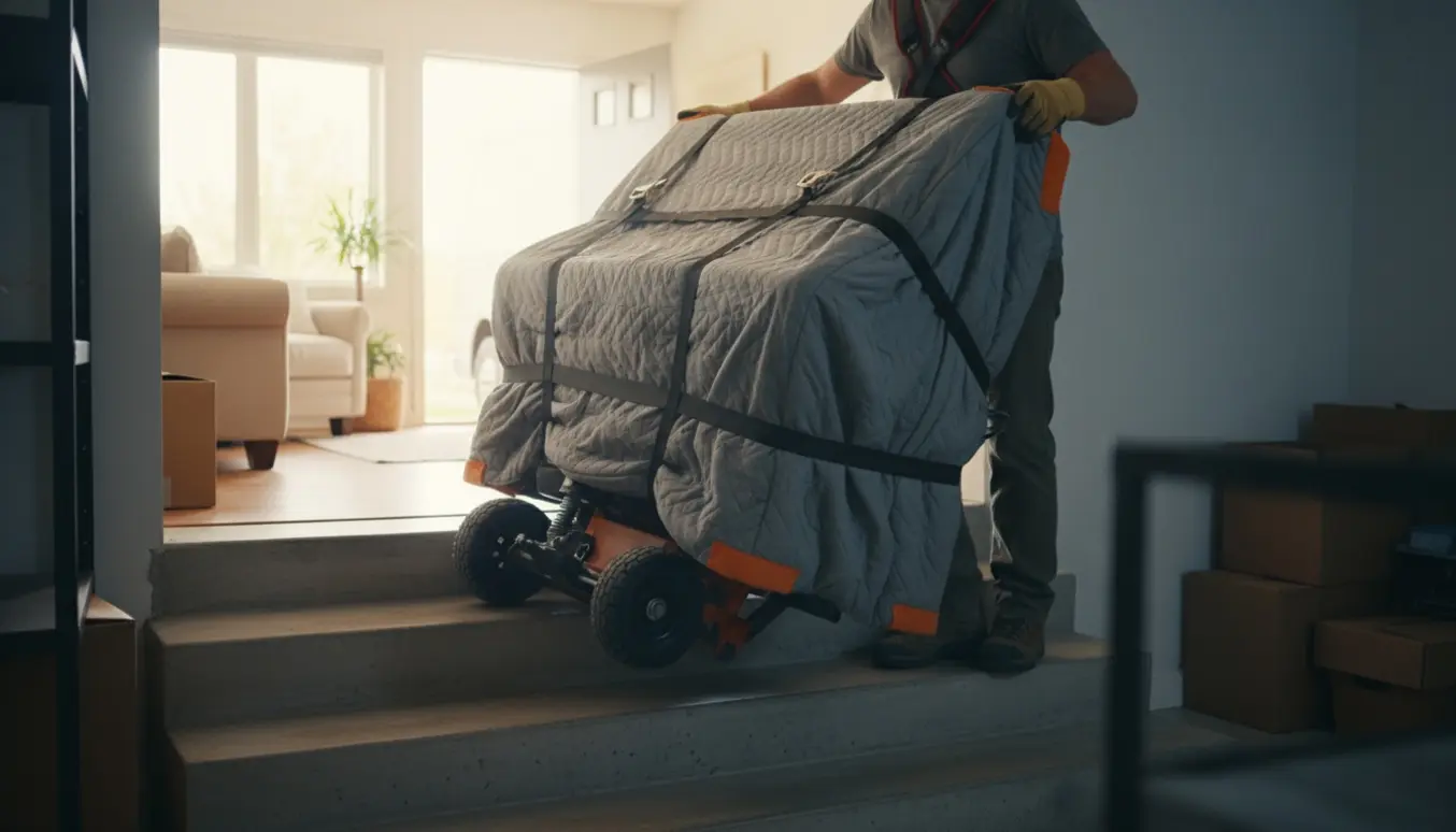 Et indpakket lille opretstående klaver bæres ned ad en kort kældertrappe af to flyttemænd, med flyttetæpper og dolly.