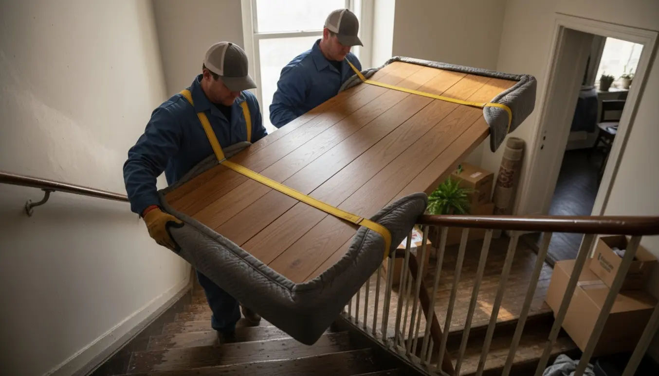 To mænd bærer et tungt plankebord op ad en opgangstrappe mod 4. sal med flyttetæpper og bærestropper.