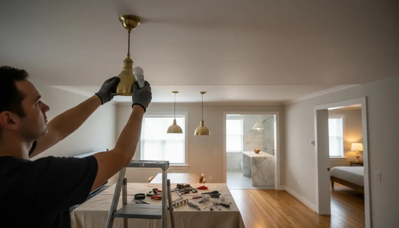 En person på en stige monterer en loftlampe i et hjem, mens andre rum med tændte lamper ses i baggrunden.