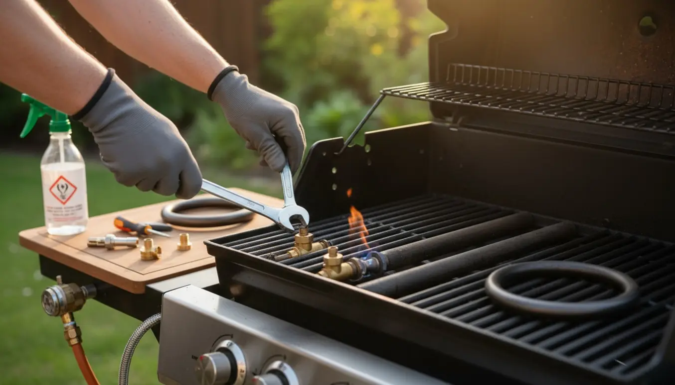 Nærbillede af en gasgrill under reparation med handske‑klædte hænder, der justerer et brænderrør og værktøj ved siden af.