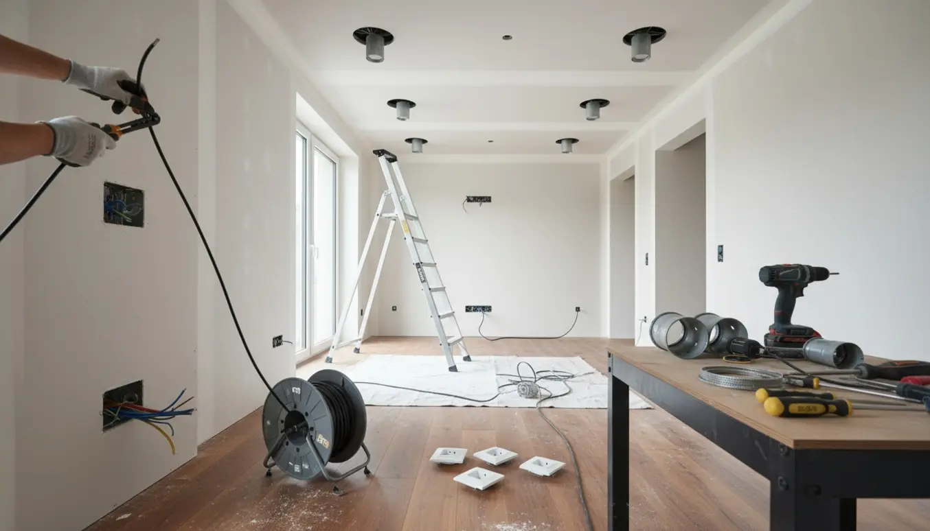 Elektriker trækker kabler og monterer tre stikkontakter samt indbyggede loftspots i et moderne rum.