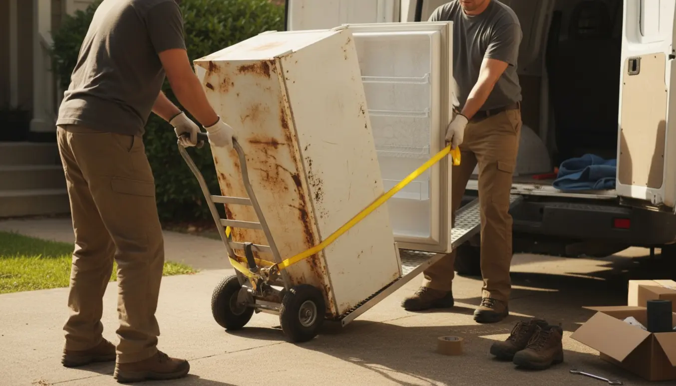 To personer læsser et gammelt køle-fryseskab ind i en hvid varevogn ved en indkørsel, ansigter ikke synlige.