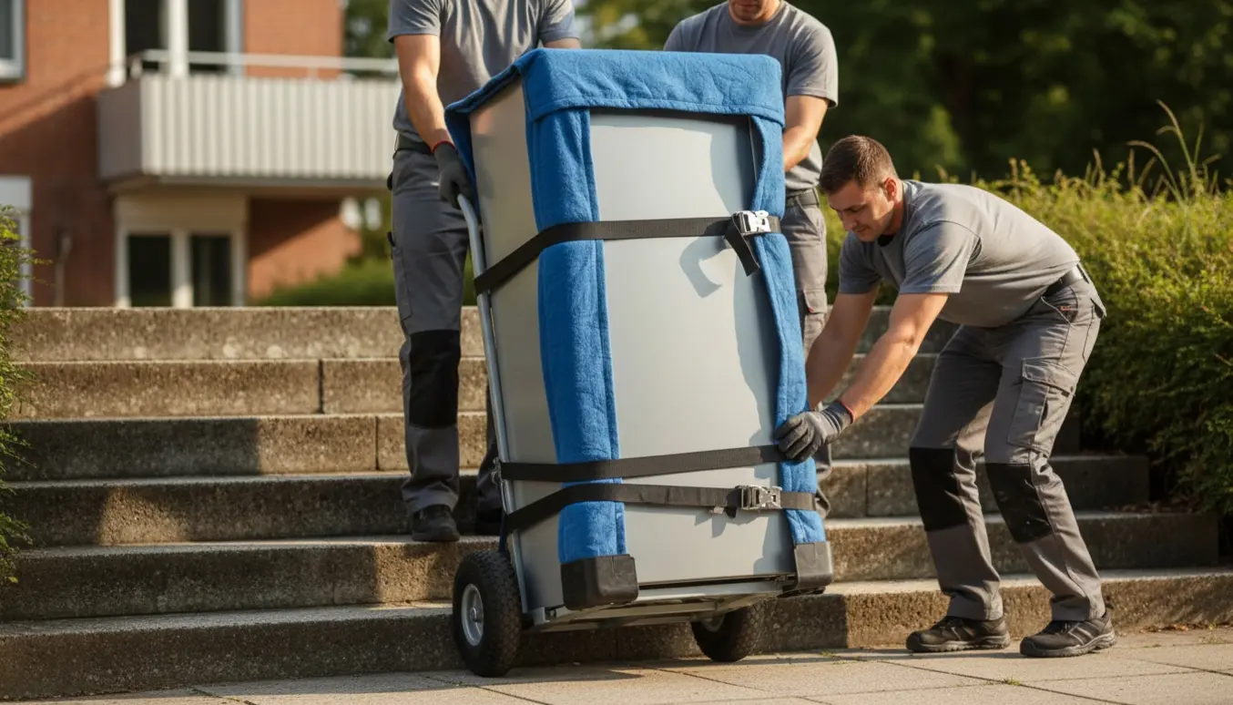Flyttefolk trækker et tungt køleskab op ad en trappe til 2. sal med sækkevogn og beskyttelsesplader.