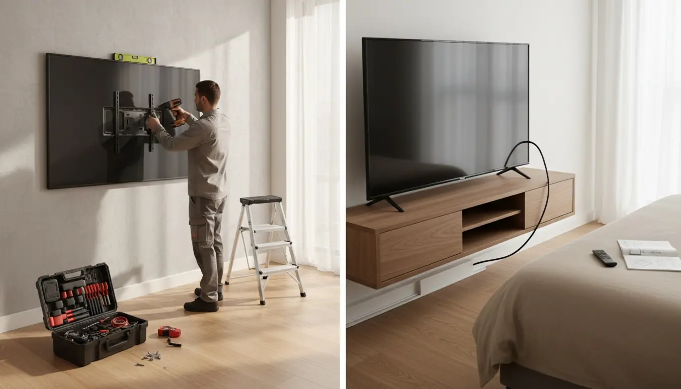 Tekniker monterer et fladskærms-tv i stuen, mens et tv i soveværelset bliver tilsluttet.