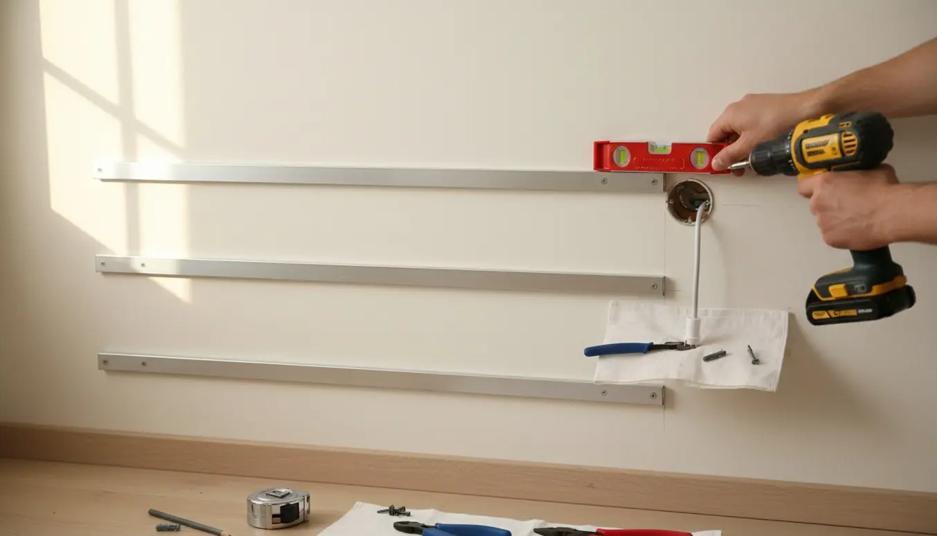 Nærbillede af montering af tre korte galleriskinner og forlængelse af en lampeledning med en muf på en væg.