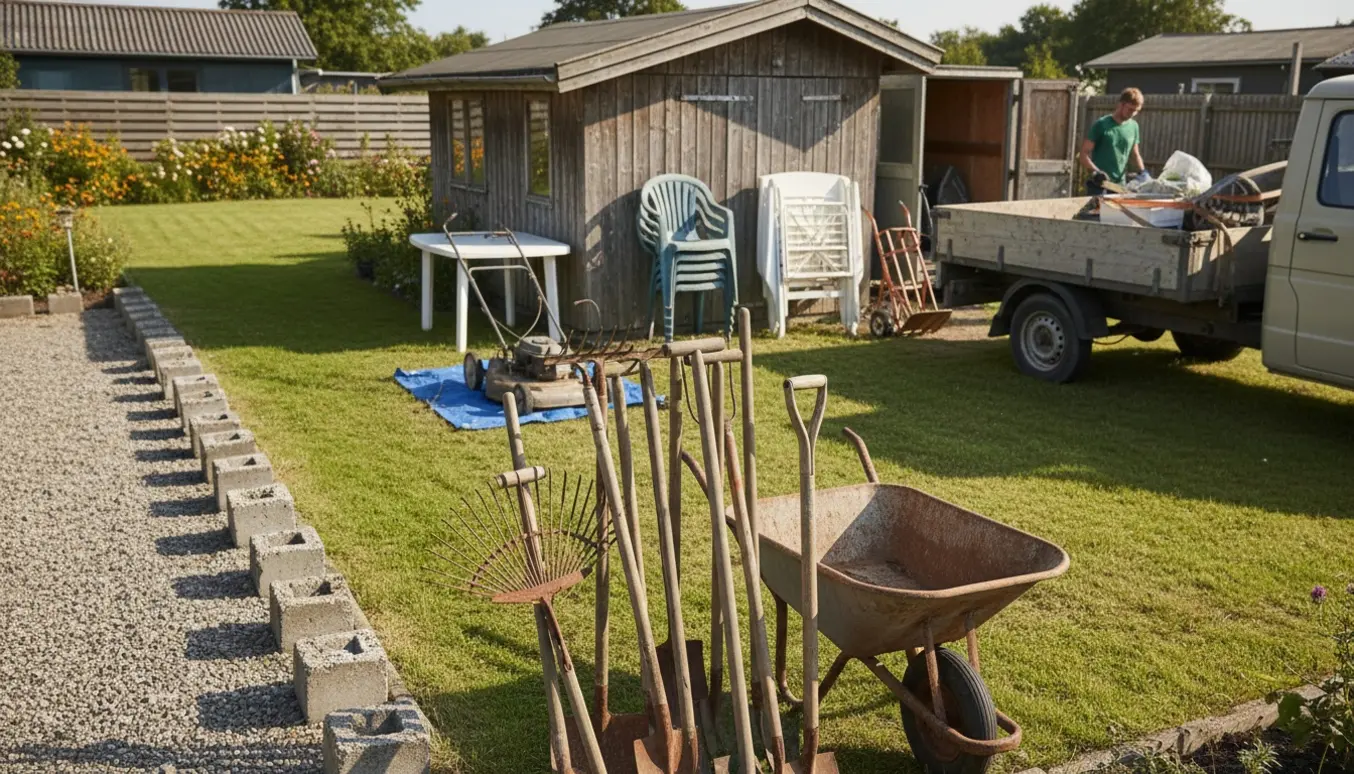 Lastning af kolonihaveaffald i en varevogn ved en lille kolonihave med haveredskaber, plæneklippere, møbler og betonfødder.