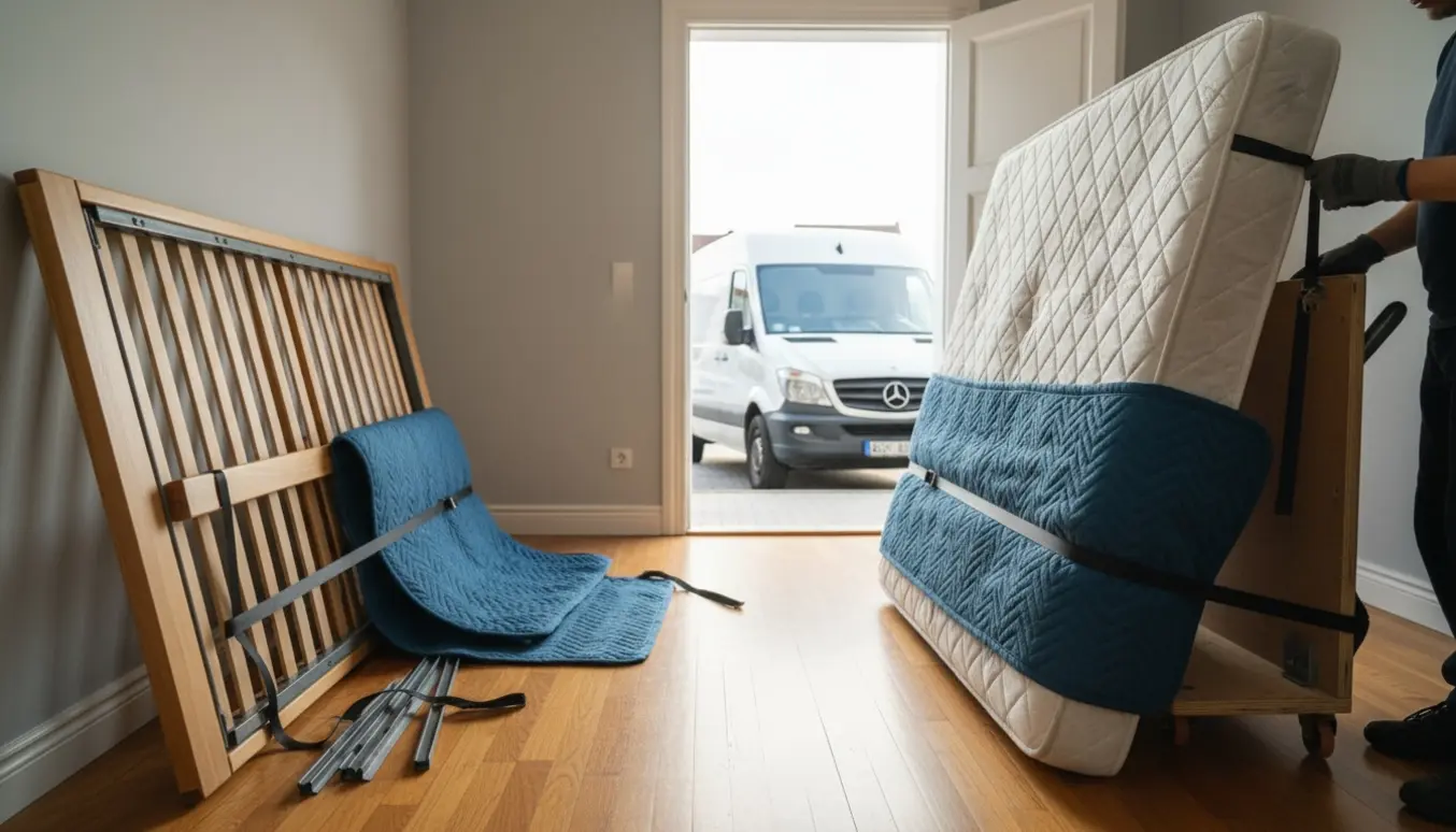 En seng og madras 180x200 trækkes ud gennem en åben dør mod en varebil få meter væk.