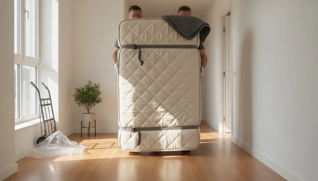 To personer bærer en boxmadras gennem en lys lejlighed uden sengeramme.