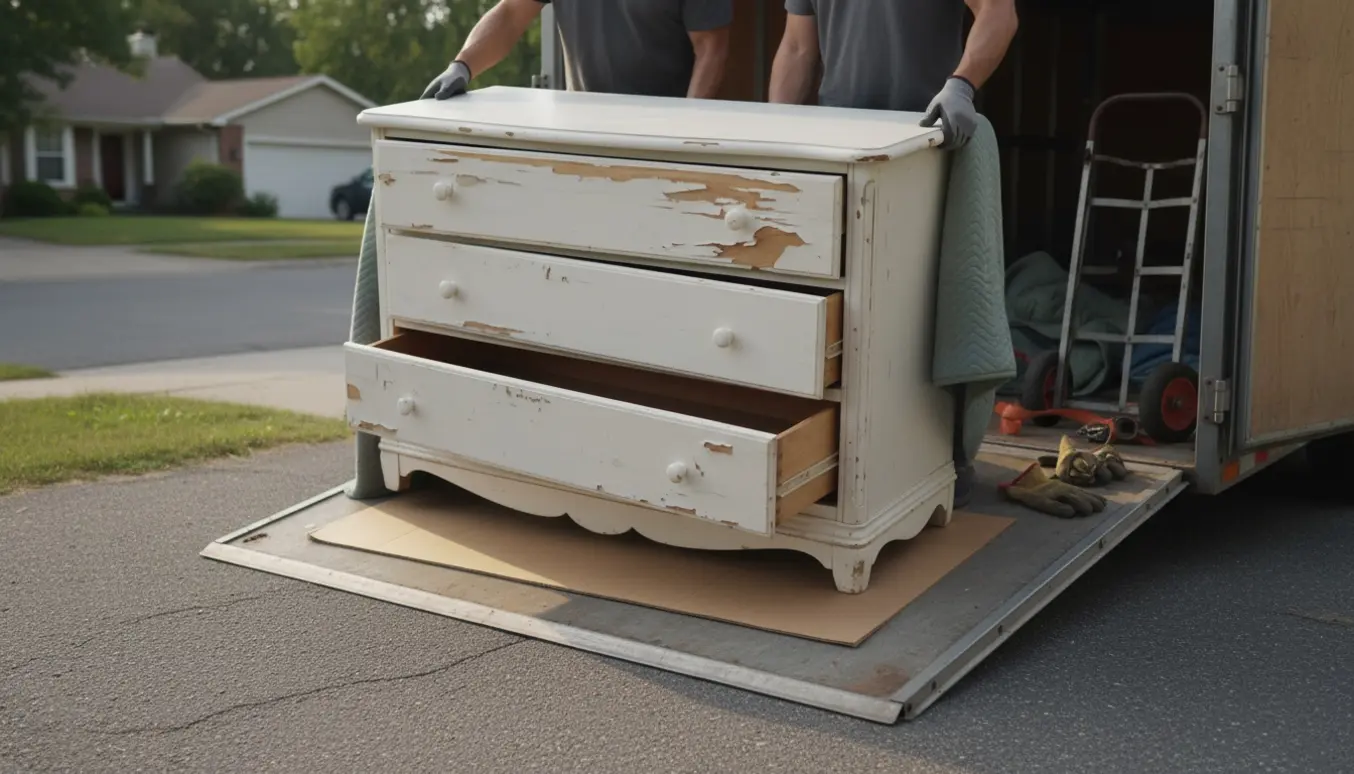 Lang hvid kommode løftes ind i en åben flyttetrailer på indkørslen, klar til at blive kørt til skrald.