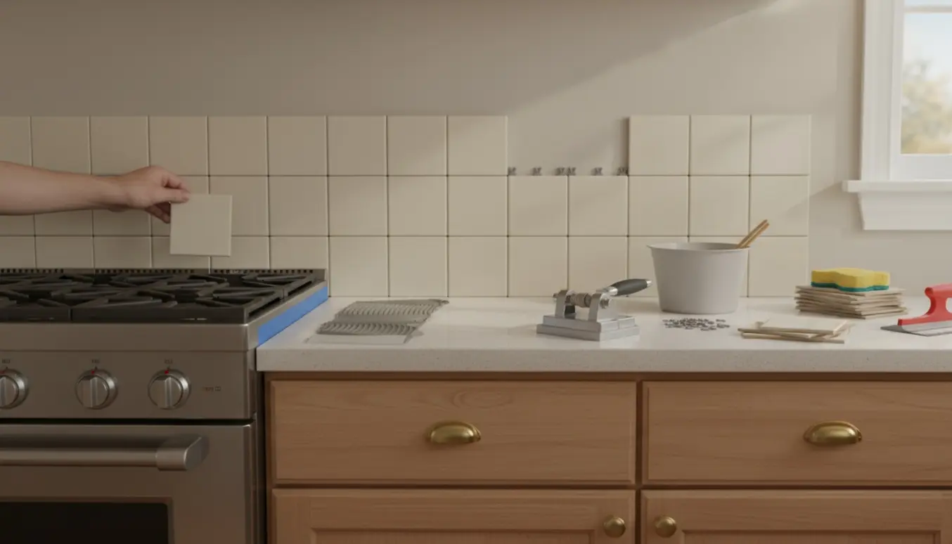 Fliseinstallation i køkken med fliser bag komfur og omkring et lille skab, værktøj og hænder i arbejde.
