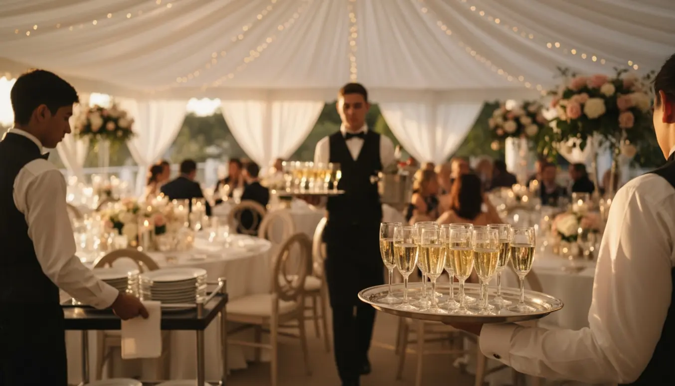 Tre tjenere i uniform serverer drikke og rydder borde ved en elegant bryllupsreception.