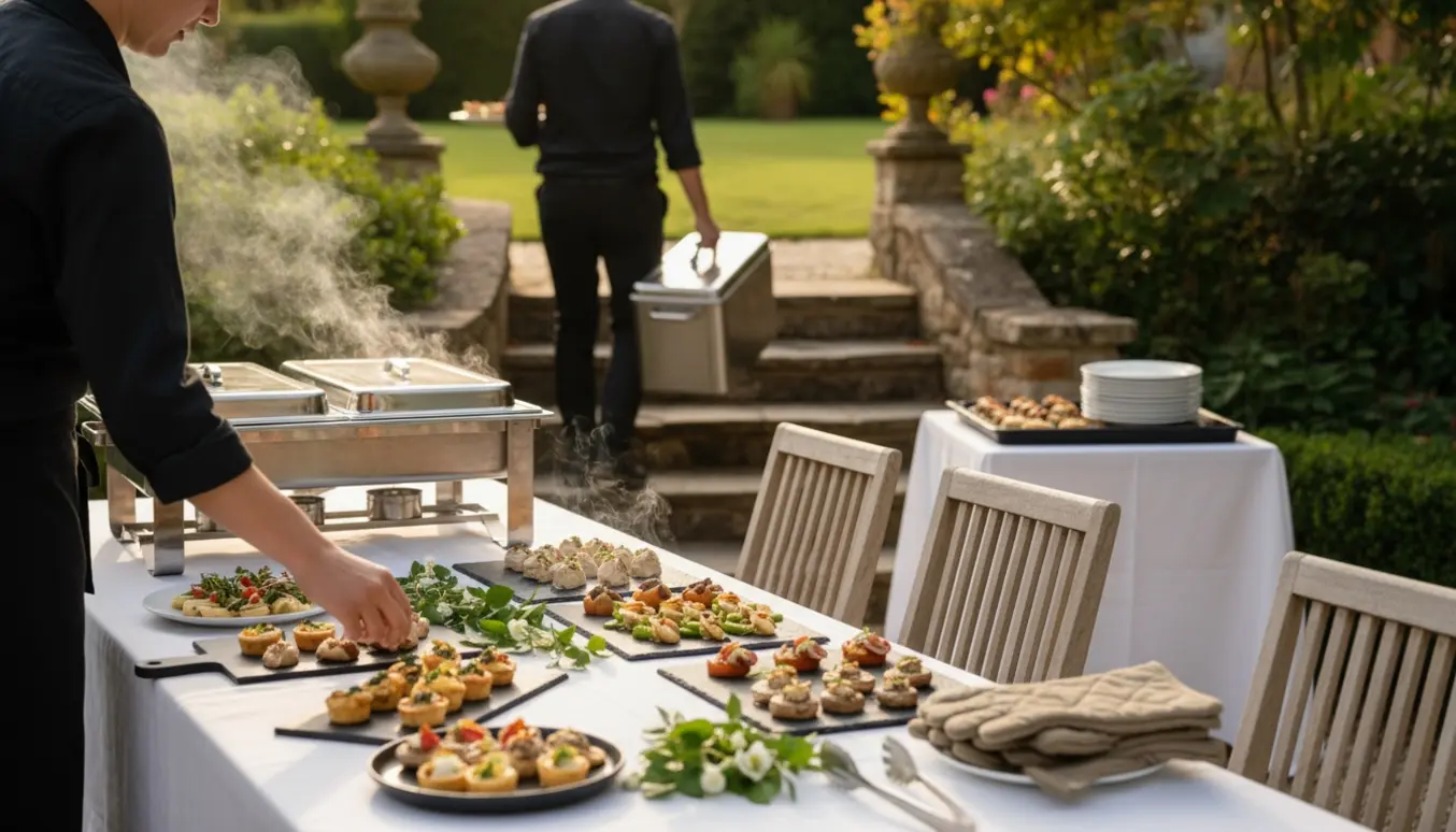 To serverer mad fra køkkenet ned ad trappe og anretter fade på et bord i en solbeskinnet have til konfirmation.