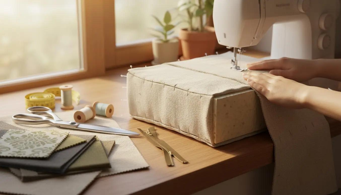 Hænder syr betræk til en bænkhynde af linned over en skumhynde ved en symaskine i naturligt vindueslys.