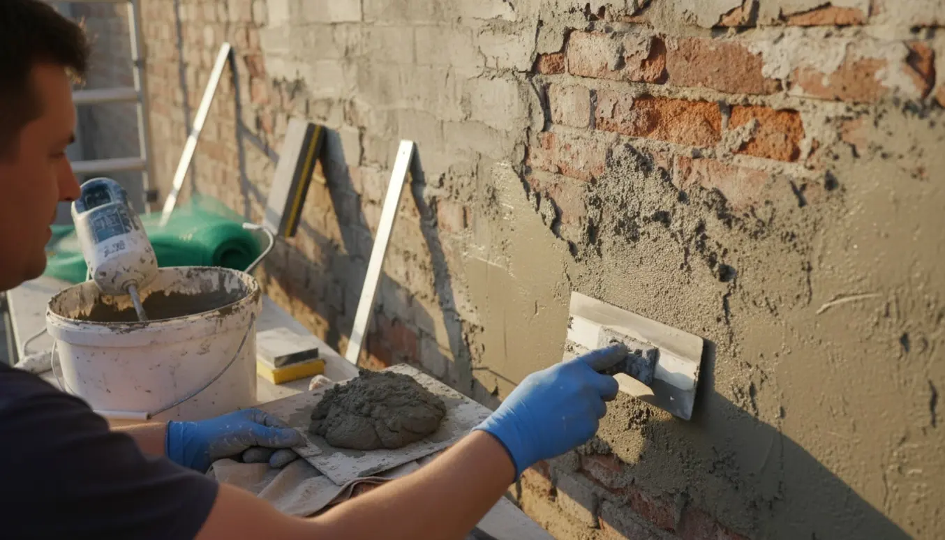 Udendørs mur under reparation med frisk puds og murske i fokus.