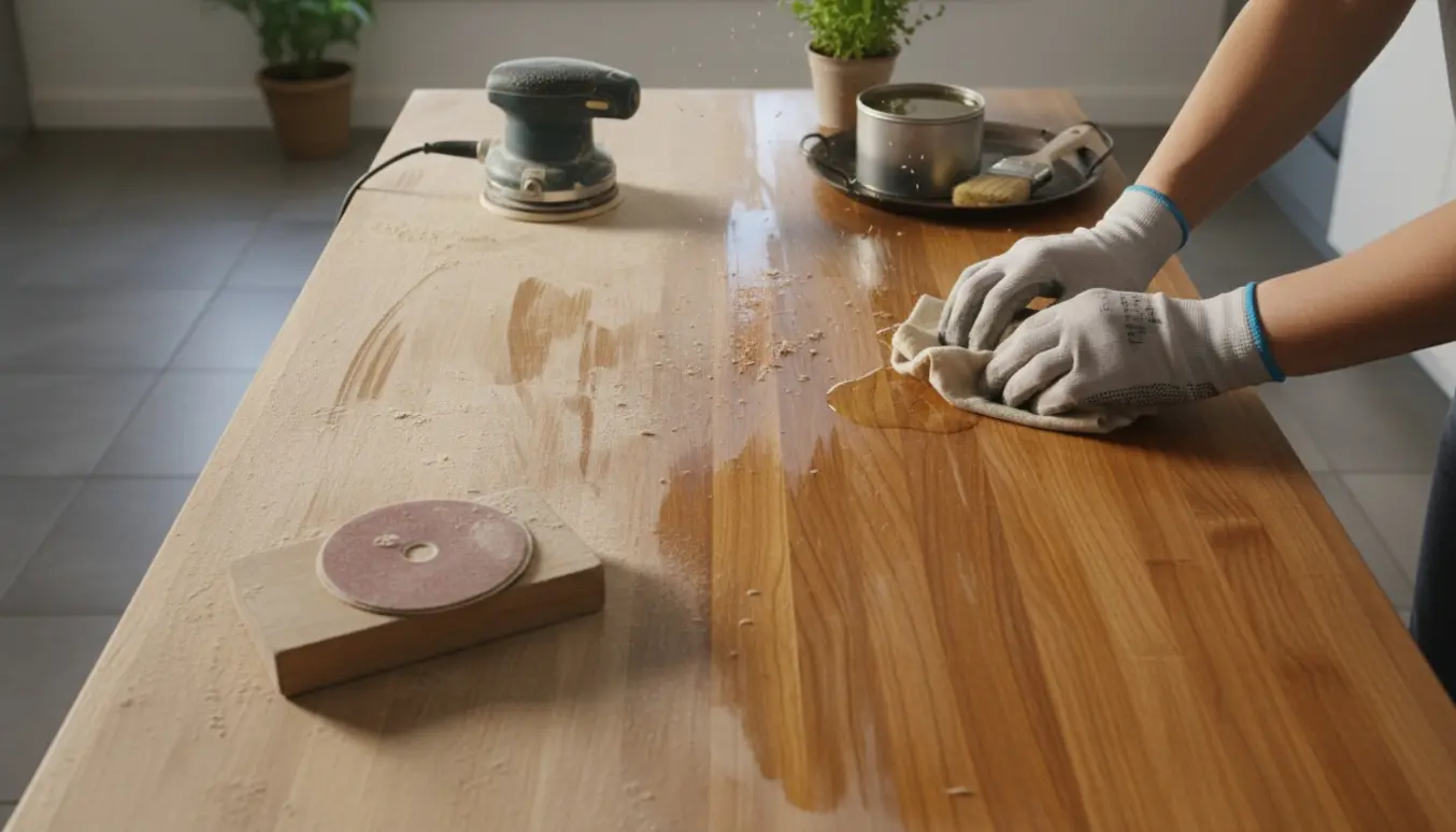 Hænder sliber og olierer en træbordplade i et lyst, moderne køkken.