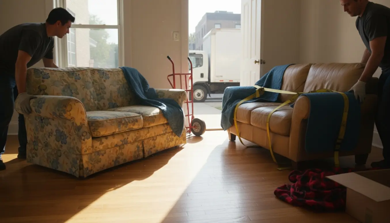 To slidte sofaer bæres ud af en lys lejlighed mod en åben flyttebil på fortovet.