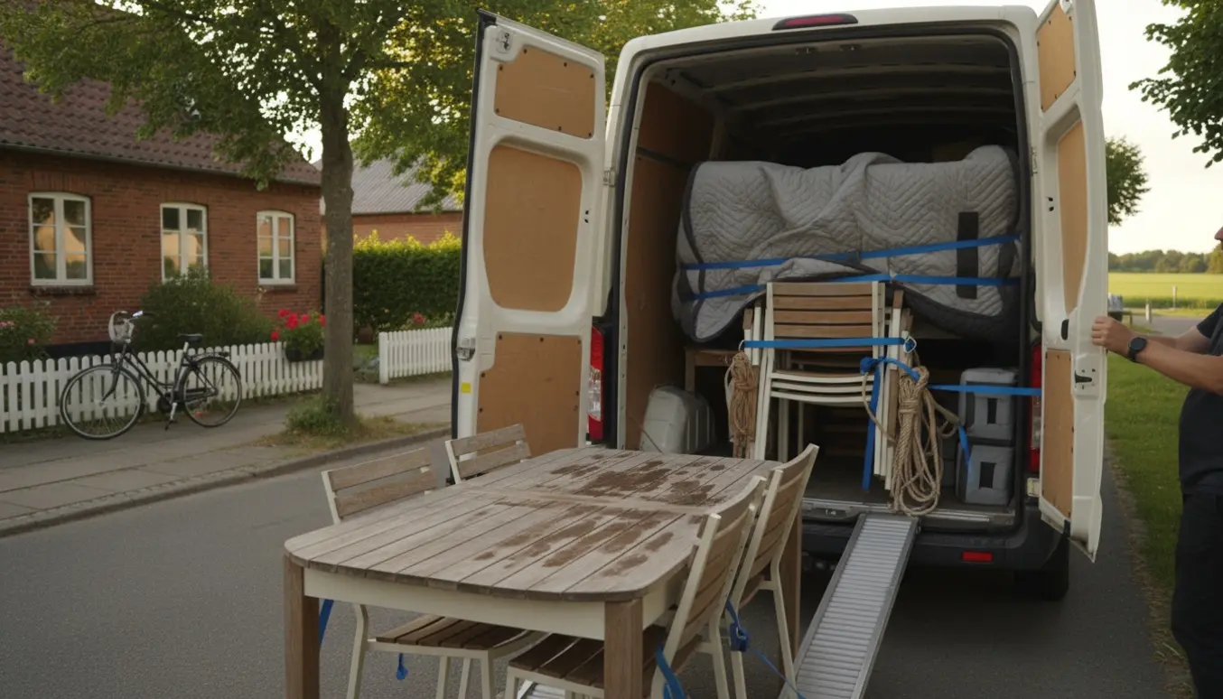 Lastning af havebord og seks stole i varevogn på en stille dansk villavej ved gyldent sollys.