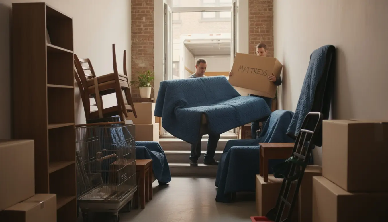 Flyttefolk bærer en sovesofa op ad trappen med stabler af papkasser, møbler og planter ved en lille lejlighed.