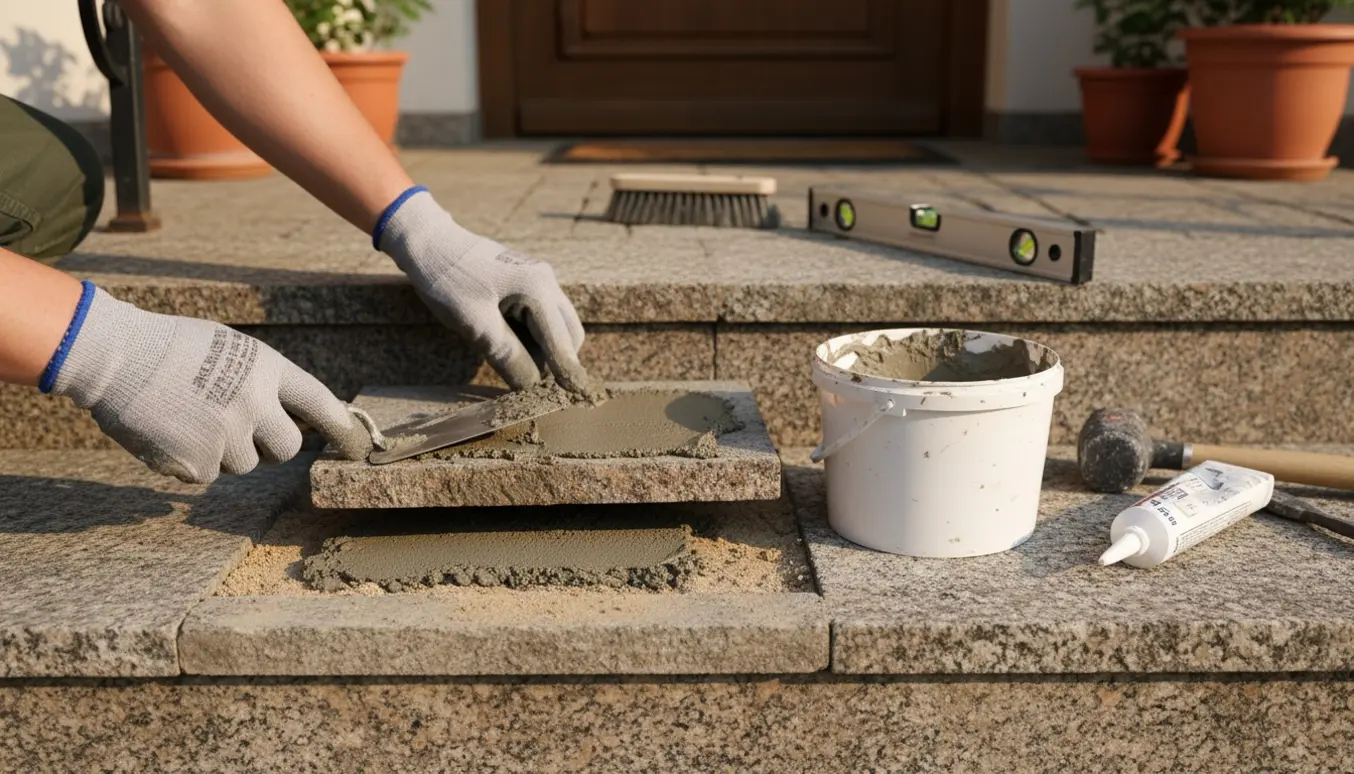 Nærbillede af hænder i handsker, der påfører mørtel og fastgør en løs belægningssten på en udendørs trappe.