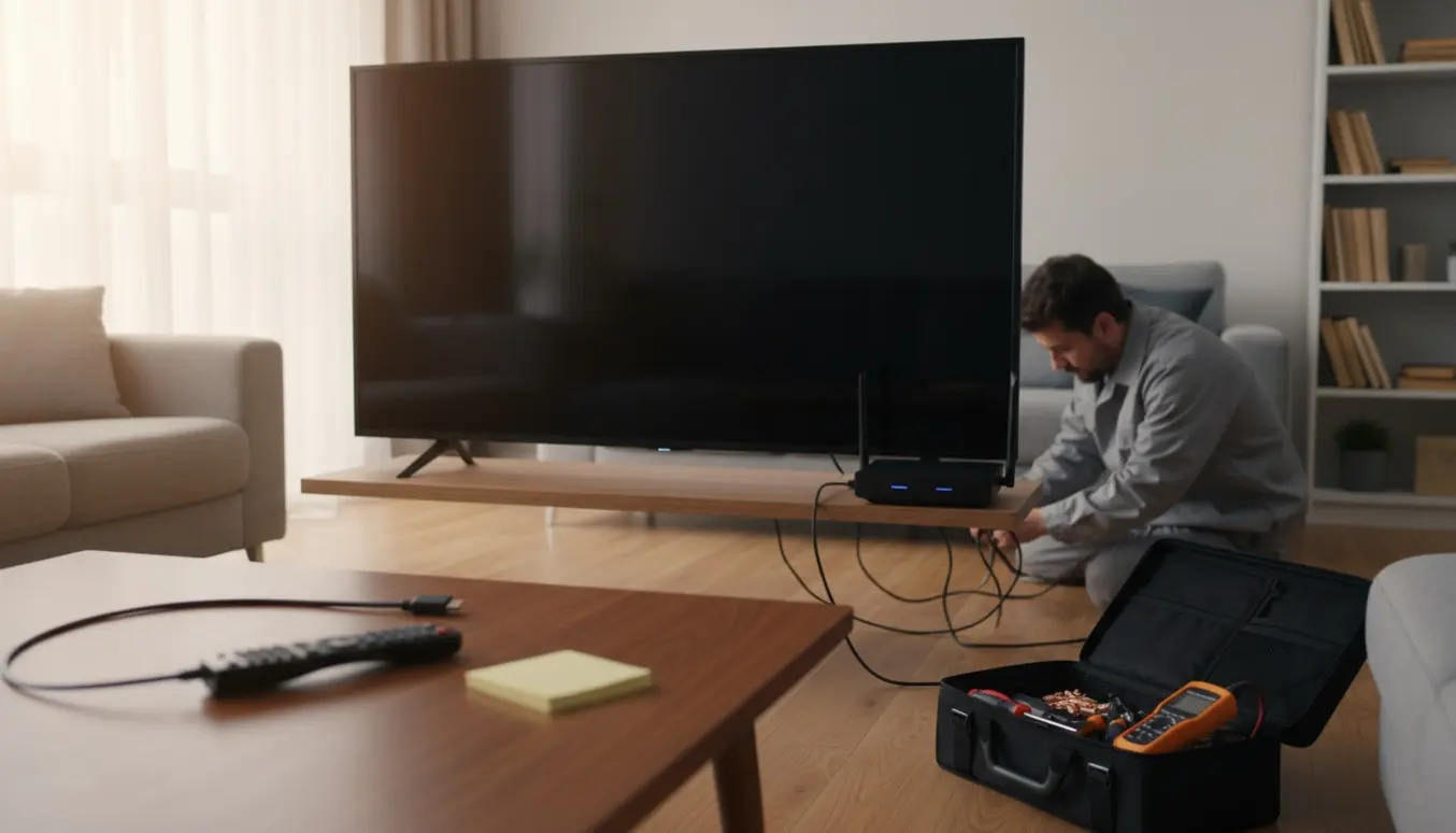 Hænder og værktøj ved et fjernsyn med sort skærm, mens kabler og router undersøges.