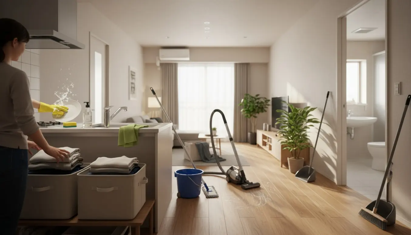 Person set bagfra, der sorterer tøj og rengør en lys lejlighed med opvask, støvsuger og moppe.
